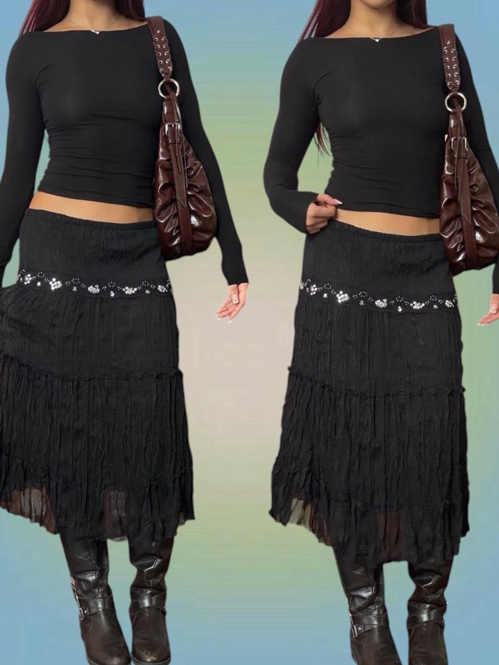 Black Tiered Midi Skirt with Embellished Waist